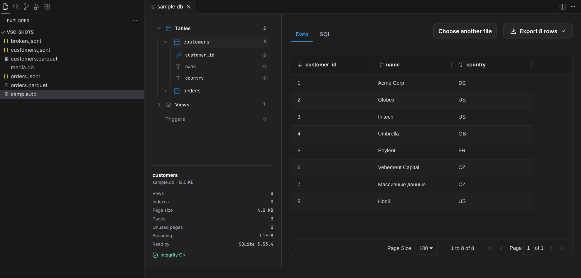 A SQLite database open in an editor tab